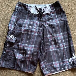 Black, Gray and Red Plaid Board Shorts